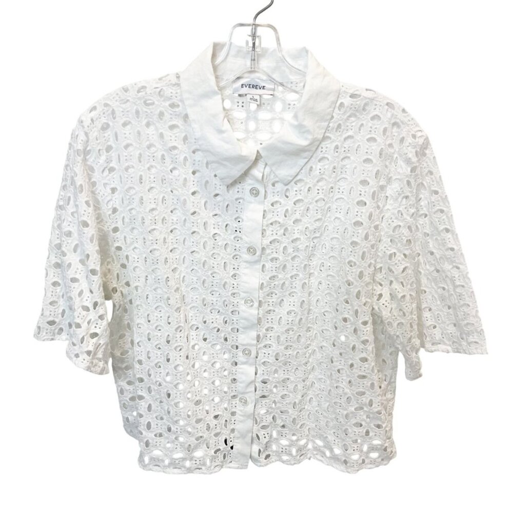 Evereve Willow White Eyelet Boxy Fit Button Shirt Cropped Preppy - Size Large